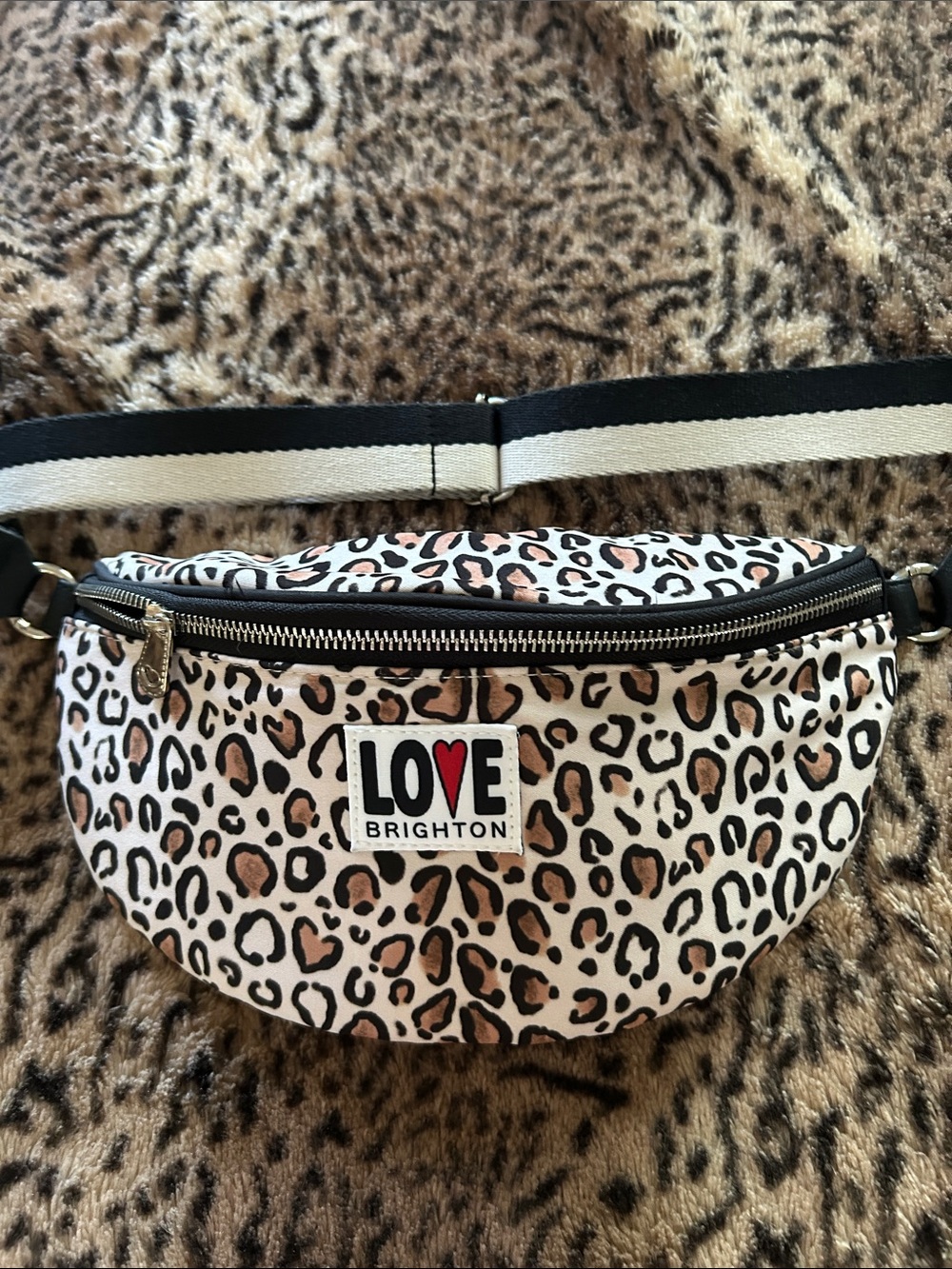 Brighton Leopard Print Love Crossbody Belt Bag in White and Brown